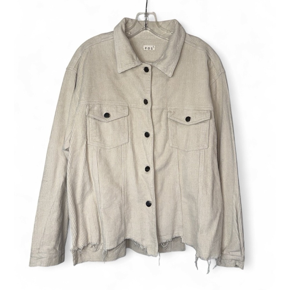 POL Corduroy Jacket Womens XL Cream Oversized Raw Hem Shacket Boho